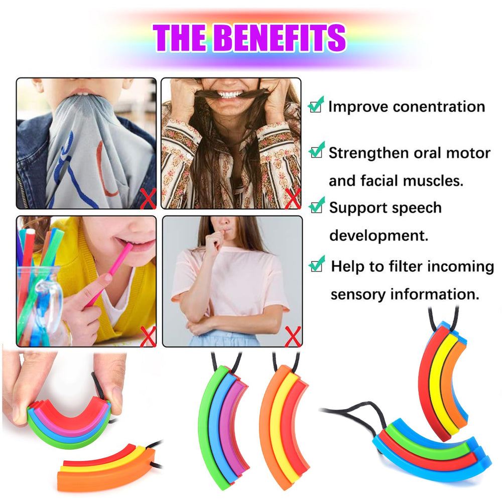 Seeway RainbowBridge chew necklace worn by child, discreet oral motor tool for focus.