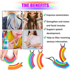 Seeway RainbowBridge chew necklace worn by child, discreet oral motor tool for focus.