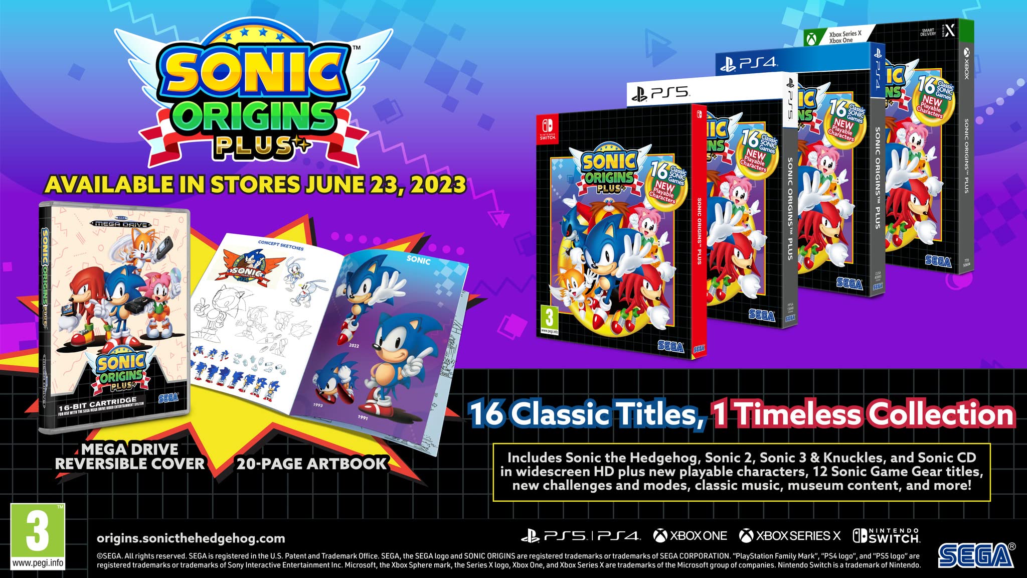 SEGA Sonic Origins Plus day-one edition back cover showcases features and nostalgic imagery for collectors.