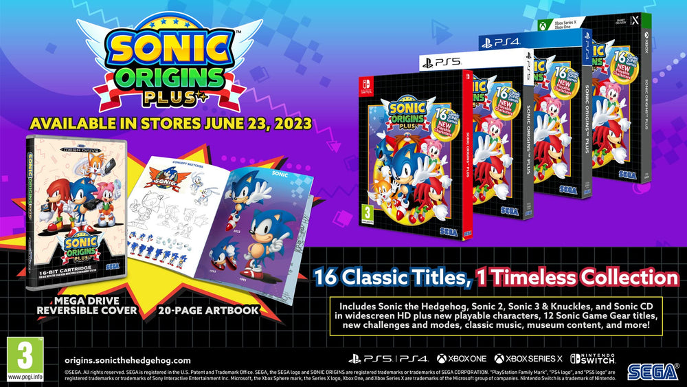 SEGA Sonic Origins Plus day-one edition back cover showcases features and nostalgic imagery for collectors.