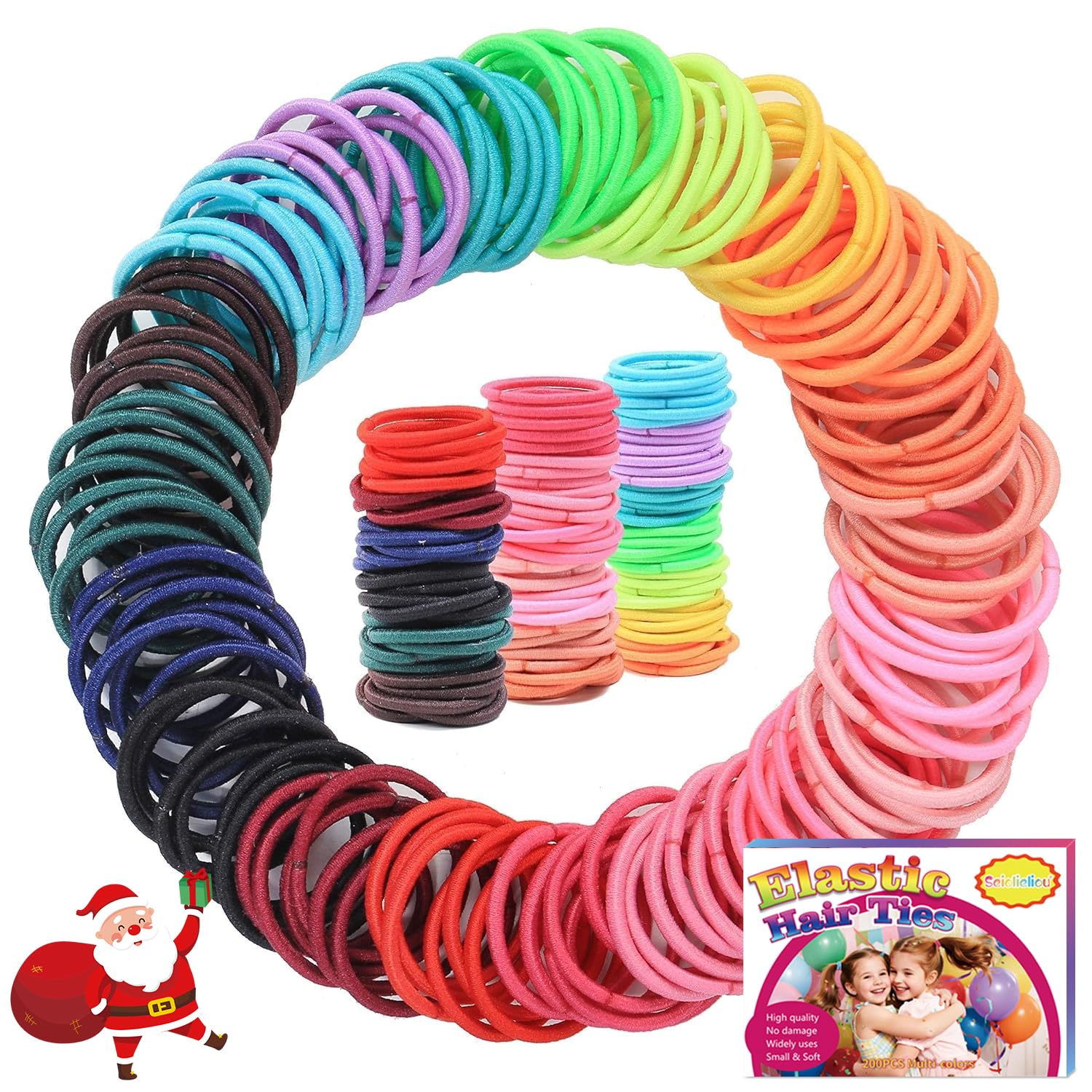 Seiolieliou 200pcs elastic hair ties multicolor pack shown, handy for quick kids' ponytails.