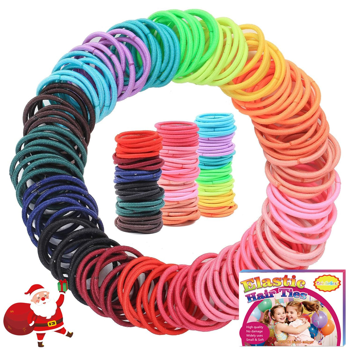 Seiolieliou 200pcs elastic hair ties multicolor pack shown, handy for quick kids' ponytails.