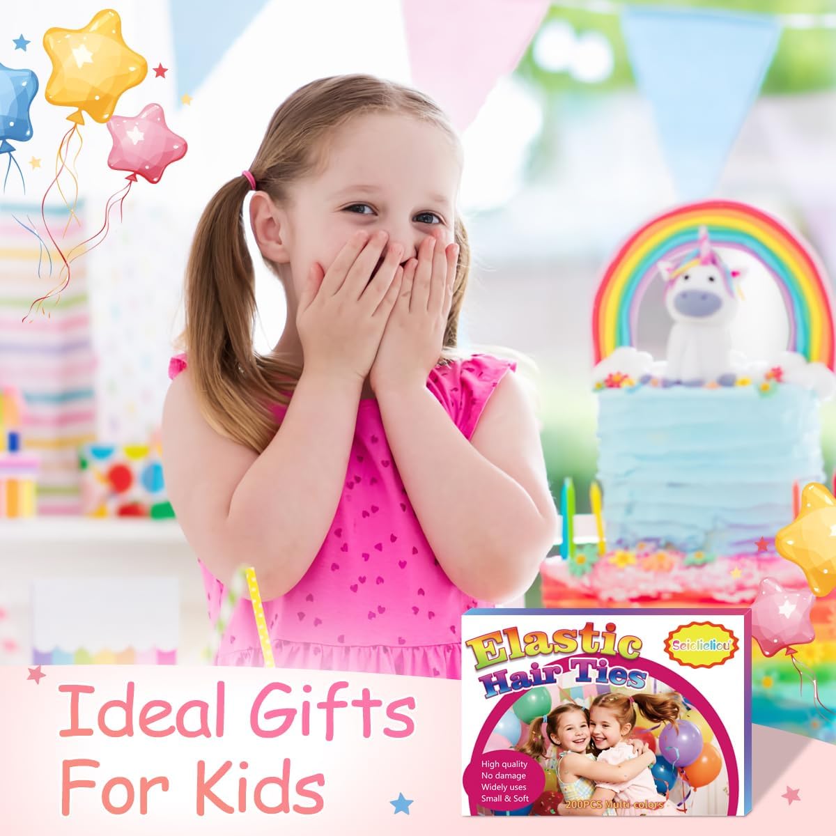 Seiolieliou closeup of small kids hair ties, soft and snag-free for gentle styling.