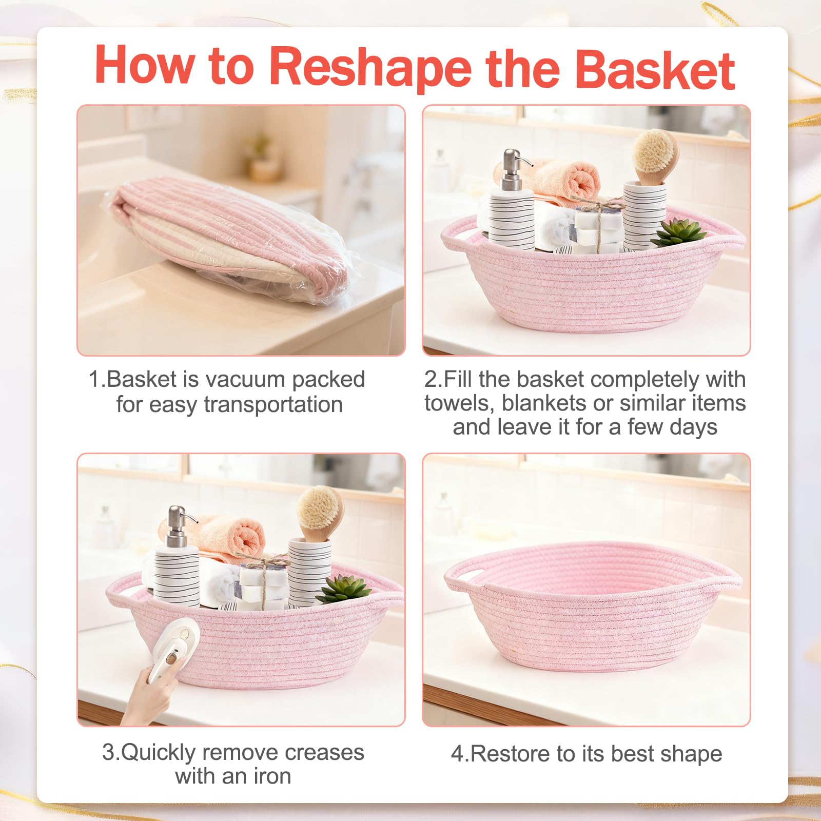 SEISSO white blue pink basket combo demonstrates coordinated home decor.