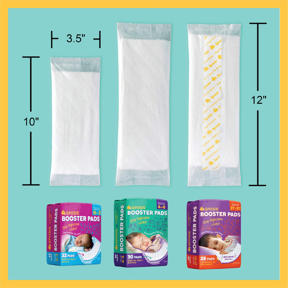 Select Kids Sposie booster pads in nighttime diaper setup for leak prevention