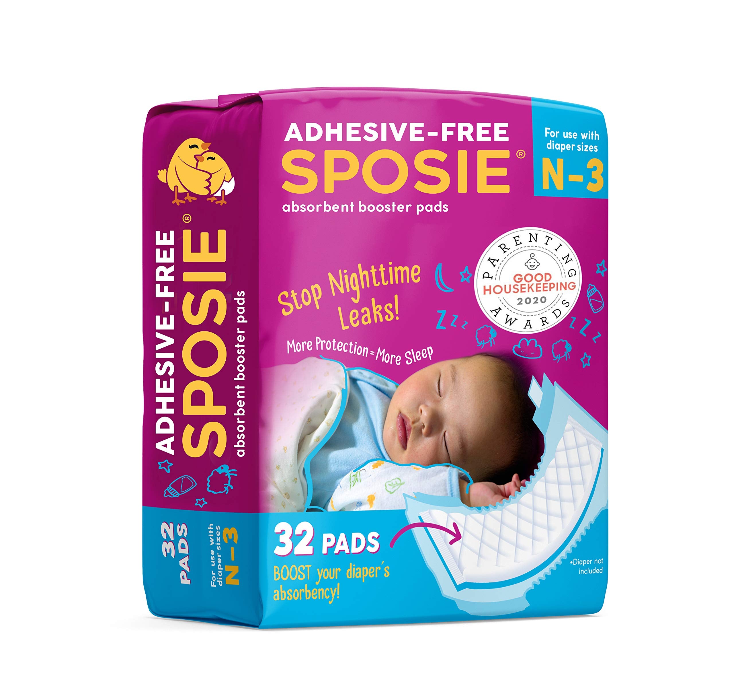 Select Kids Sposie booster pads pack shot showing overnight protection for newborns