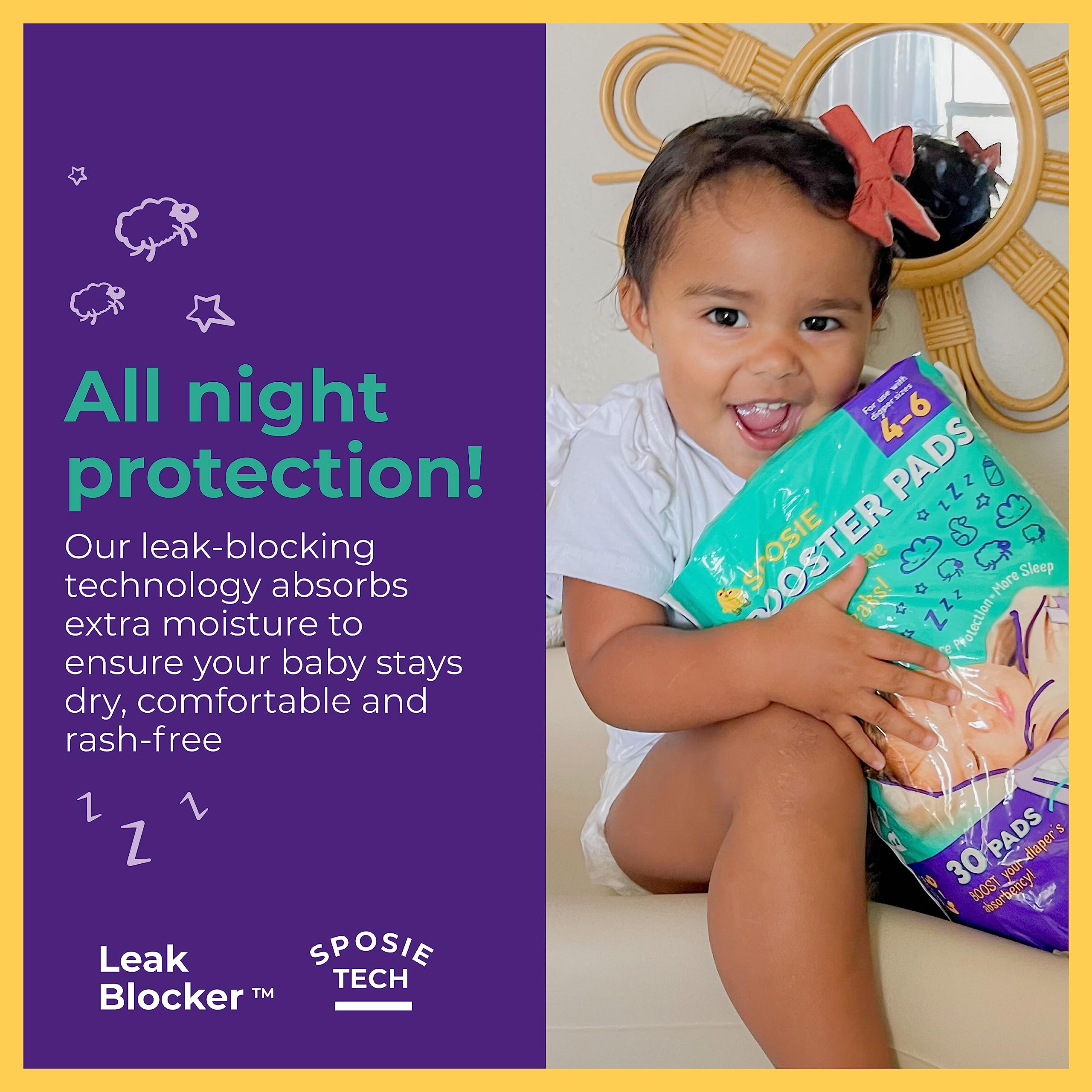 Select Kids Sposie pads inside diaper illustrate increased absorption during overnight use
