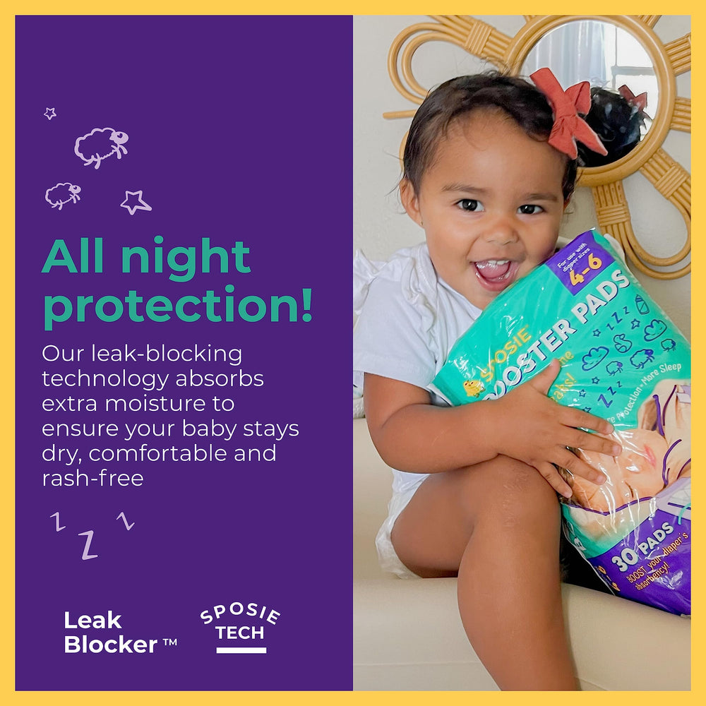 Select Kids Sposie pads inside diaper illustrate increased absorption during overnight use