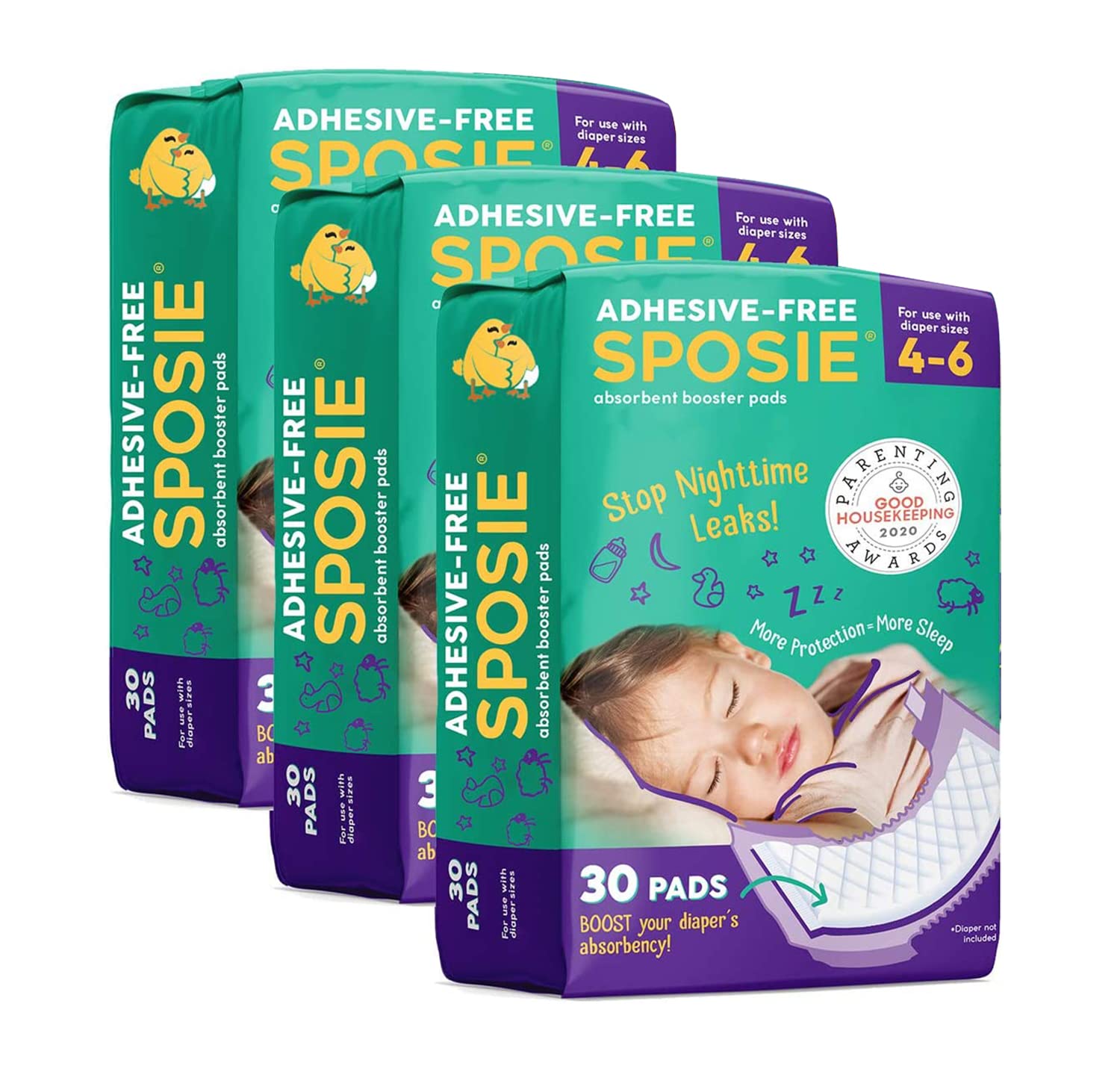 Select Kids Sposie Overnight Booster Pads packaging shows non-adhesive design for easy changes