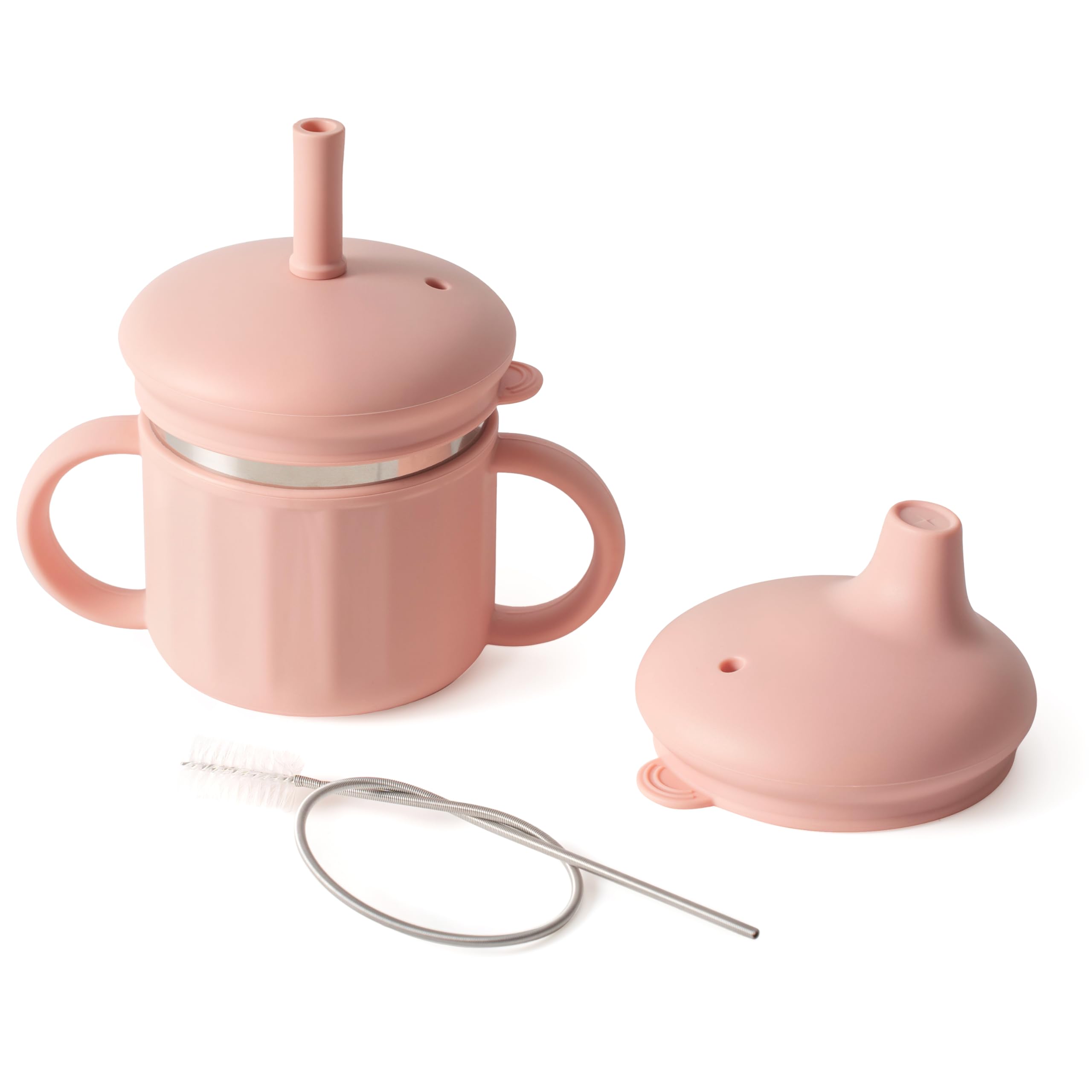 SELECTSHEN stainless-steel sippy cup with platinum silicone sleeve offers durable, non-toxic sipping.
