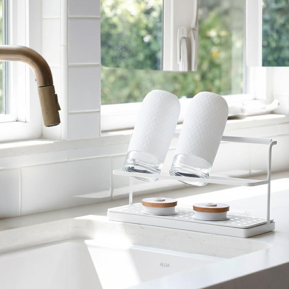Selegna over-sink bottle drying rack in white saves counter space for daily bottle drying