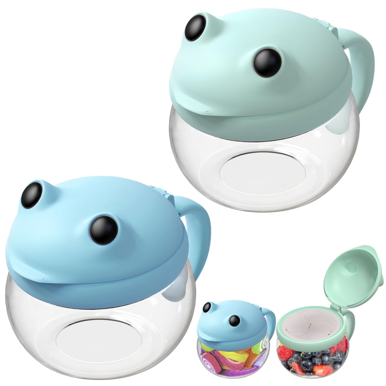 SELEWARE No Spill Snack Cups with green handle; mess-free snacking for toddlers on the go