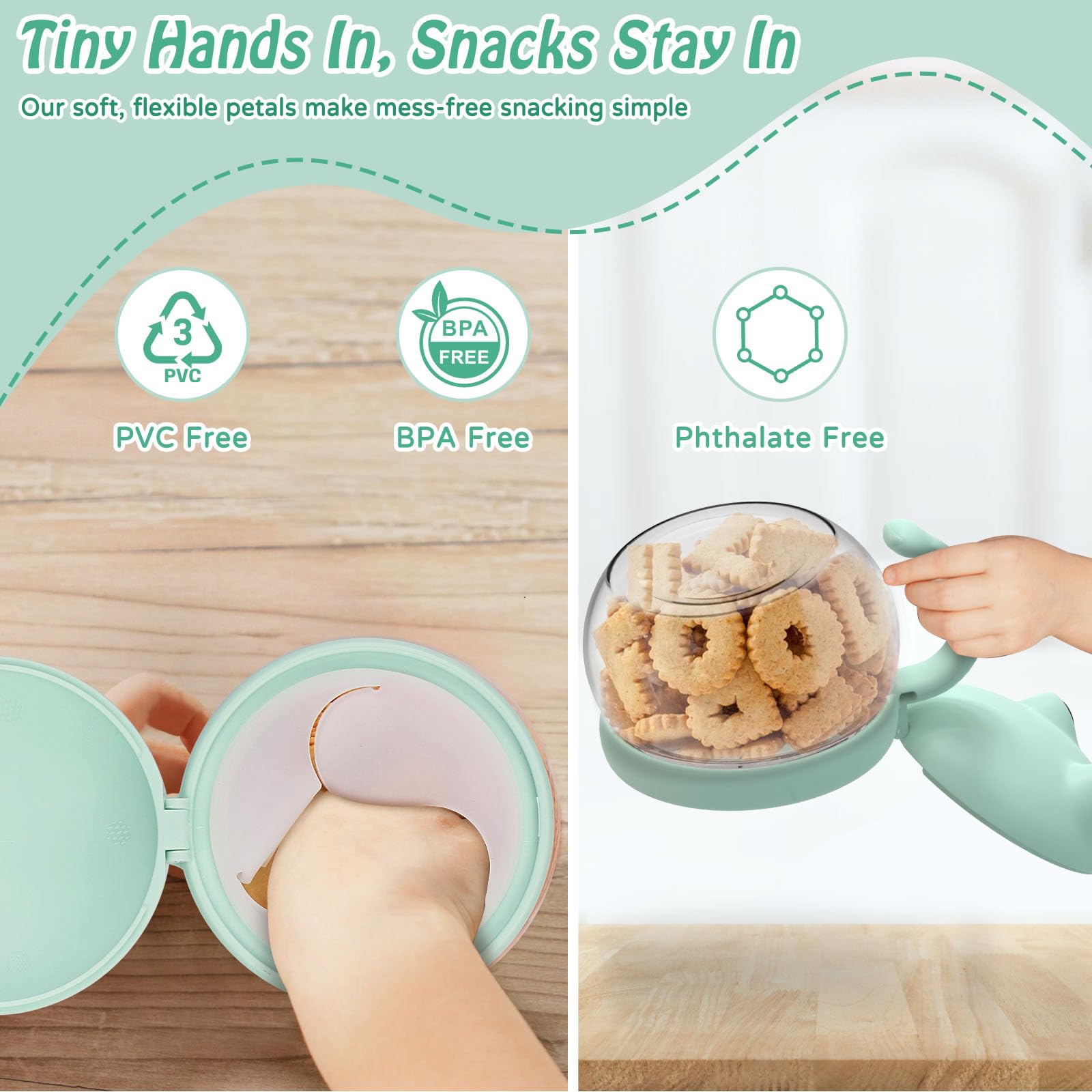 SELEWARE No Spill Snack Cups showing toddler grip design for easy snacking