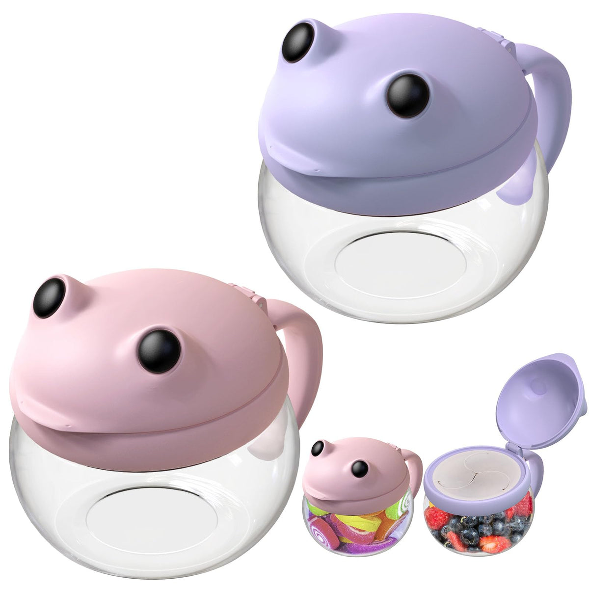 SELEWARE pink and purple toddler snack cups front view for easy self-feeding.