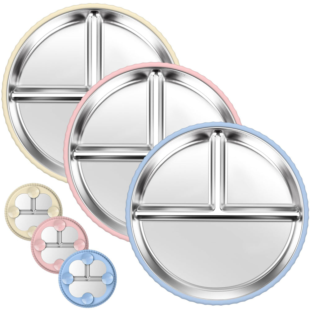 Semloo stainless steel kids plates with suction cups on a high chair tray for spill-free meals
