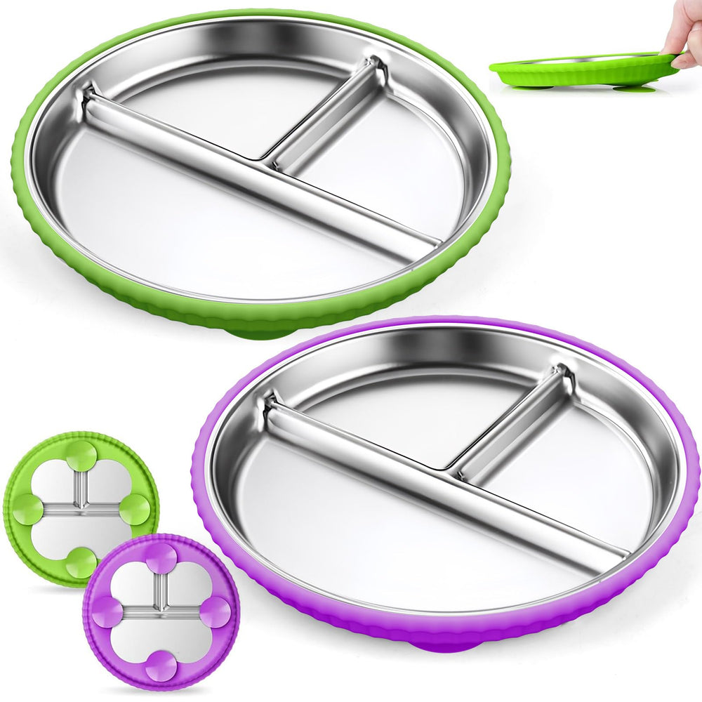 Semloo stainless steel kids plate with suction cups preventing spills on table