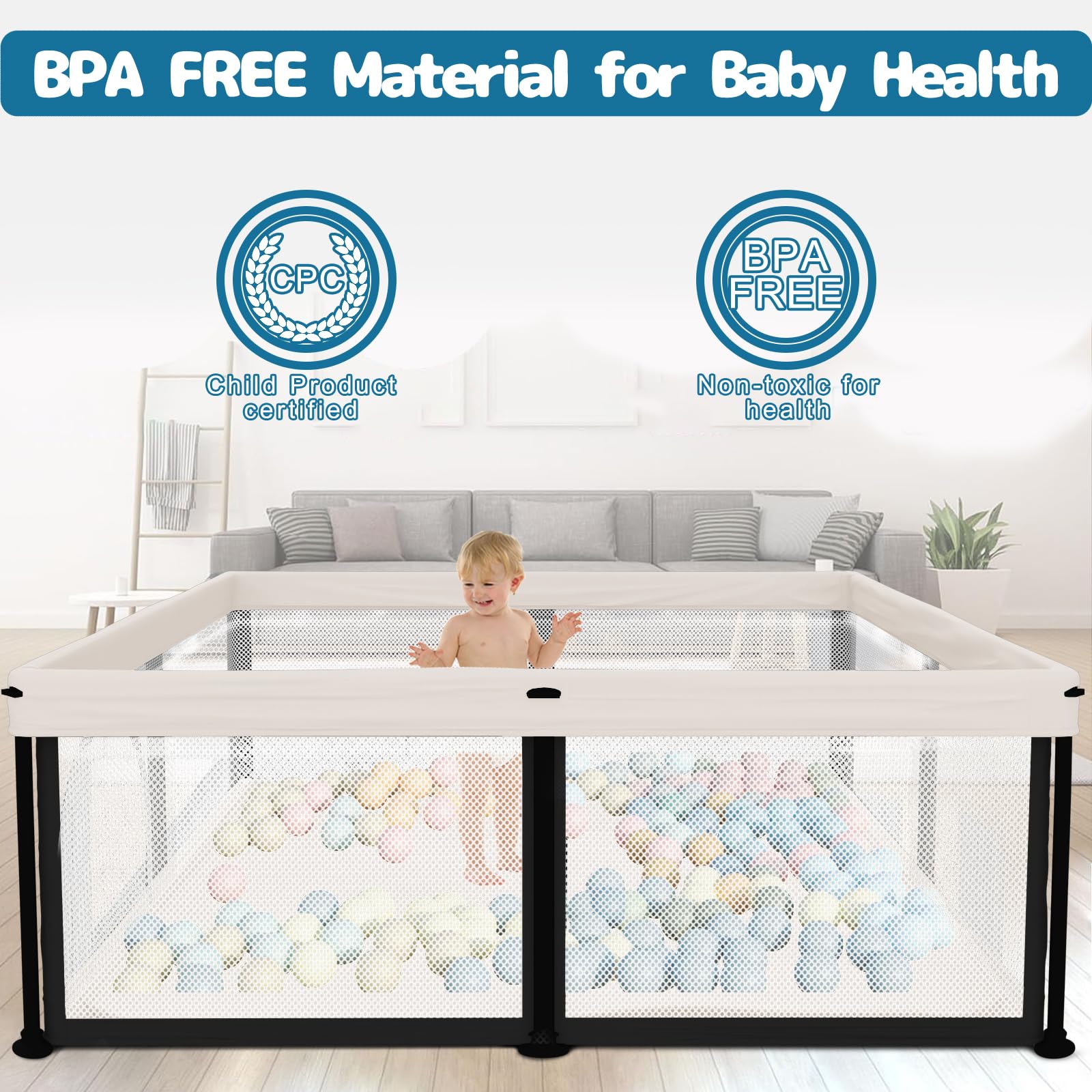 Semoprus baby playpen beige color complements home décor while staying family-friendly.