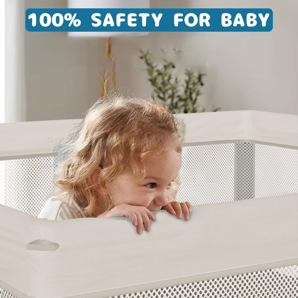 Semoprus baby playpen quick-fold feature facilitates compact storage and travel.