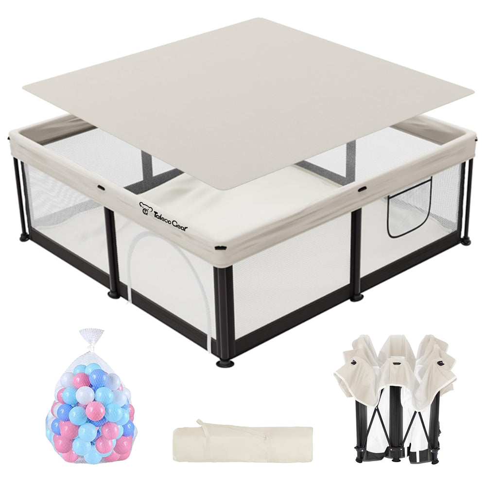 Semoprus baby playpen setup shows quick assembly for easy travel and storage.