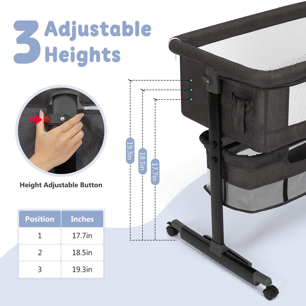 Semphis Baby Bassinet bedside-sleeper sits beside bed for easy nighttime soothing.