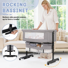 Semphis baby bassinet gray height adjustment shows easy alignment with parent bed.