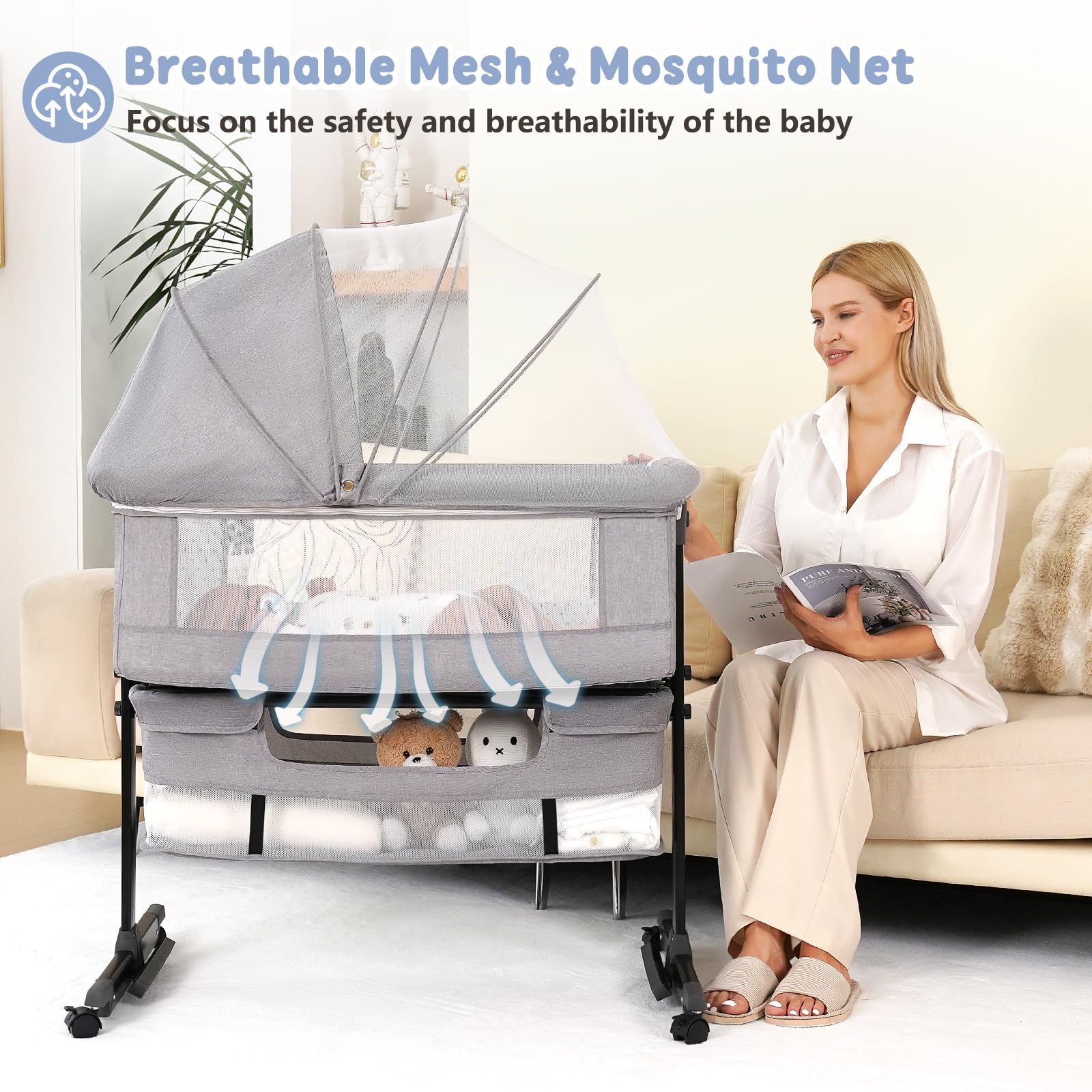 Semphis baby bassinet gray mobility wheels enable easy room-to-room relocation.