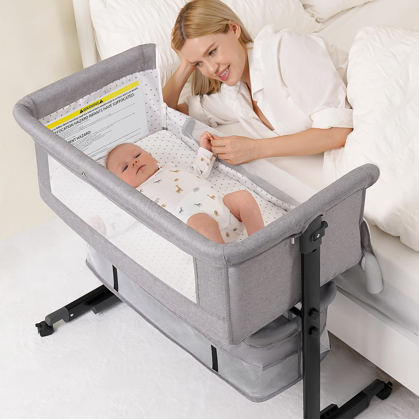 Semphis baby bassinet gray sidebed view highlights bedside accessibility for night feeds.