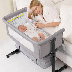 Semphis baby bassinet gray sidebed view highlights bedside accessibility for night feeds.