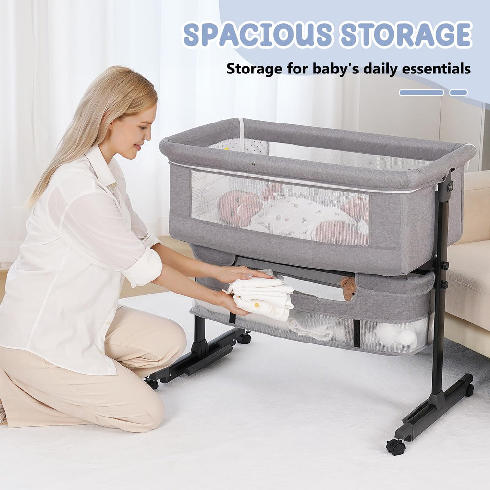 Semphis baby bassinet gray storage basket keeps essentials within reach.
