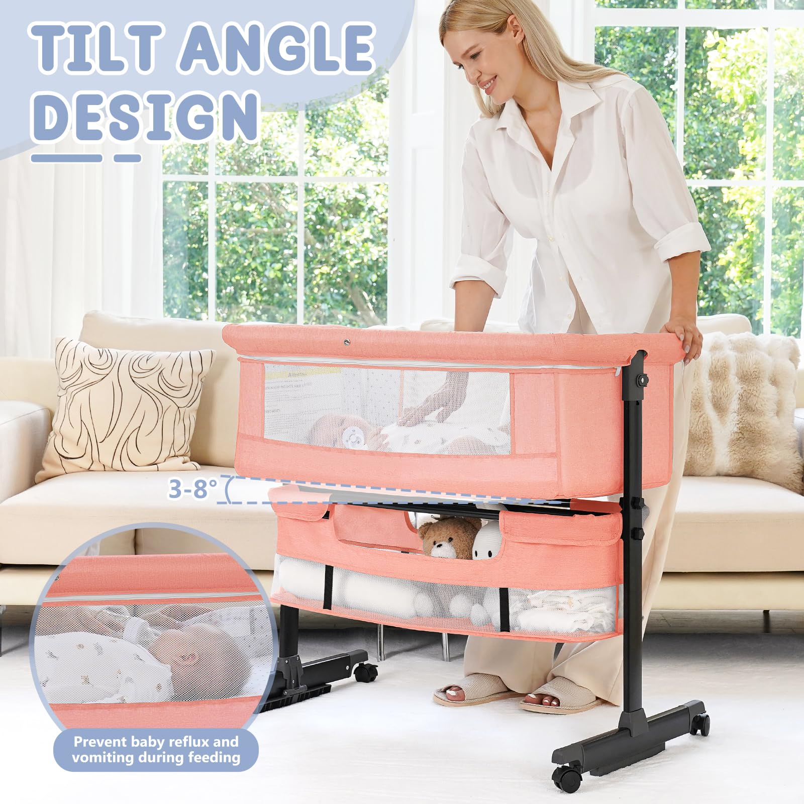 Semphis bassinet on wheels with built-in storage basket