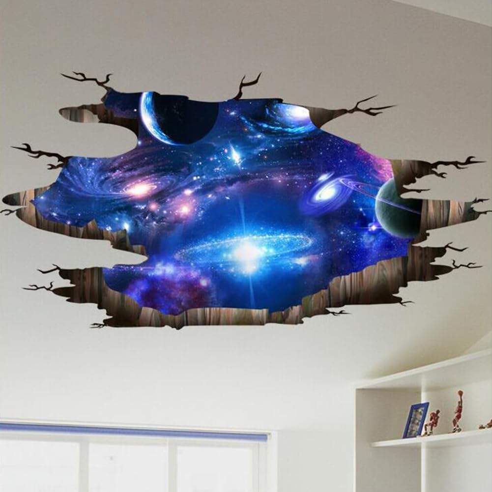 SENGTER 3D Galaxy wall decal on fridge adds playful kitchen vibe.