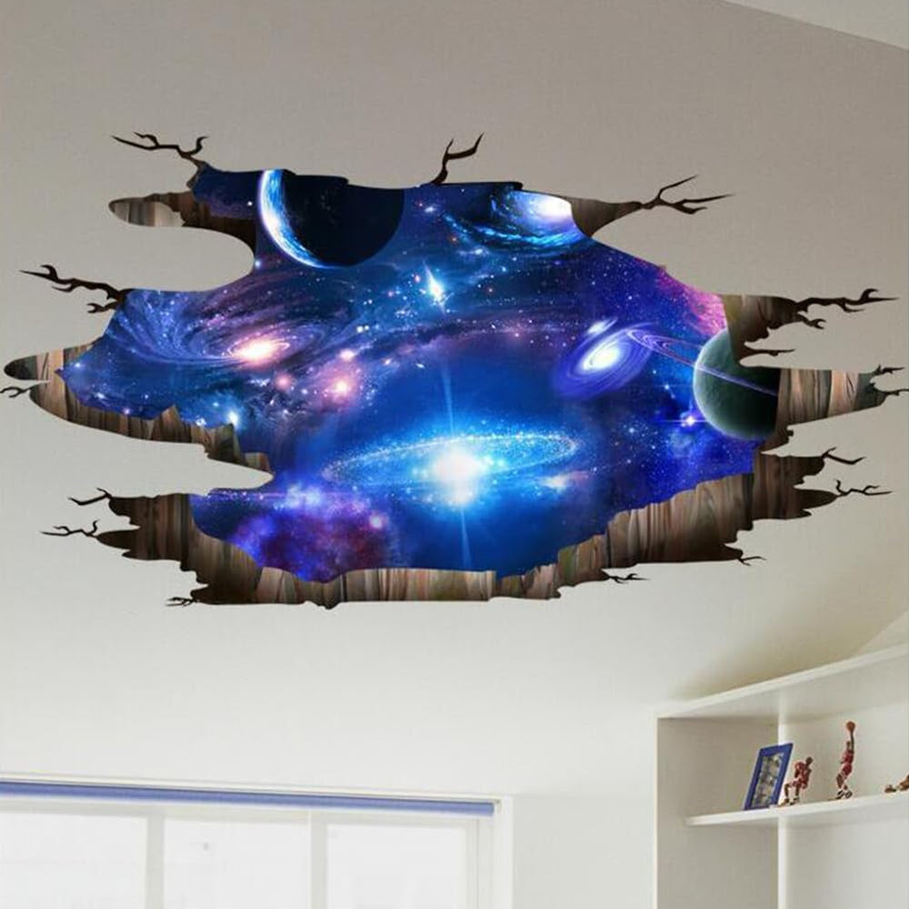 SENGTER 3D Galaxy wall decal on fridge adds playful kitchen vibe.