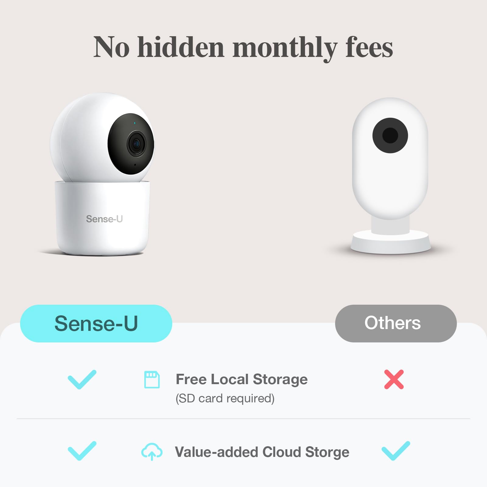 Sense-U one-time purchase with local SD card option avoids monthly fees.