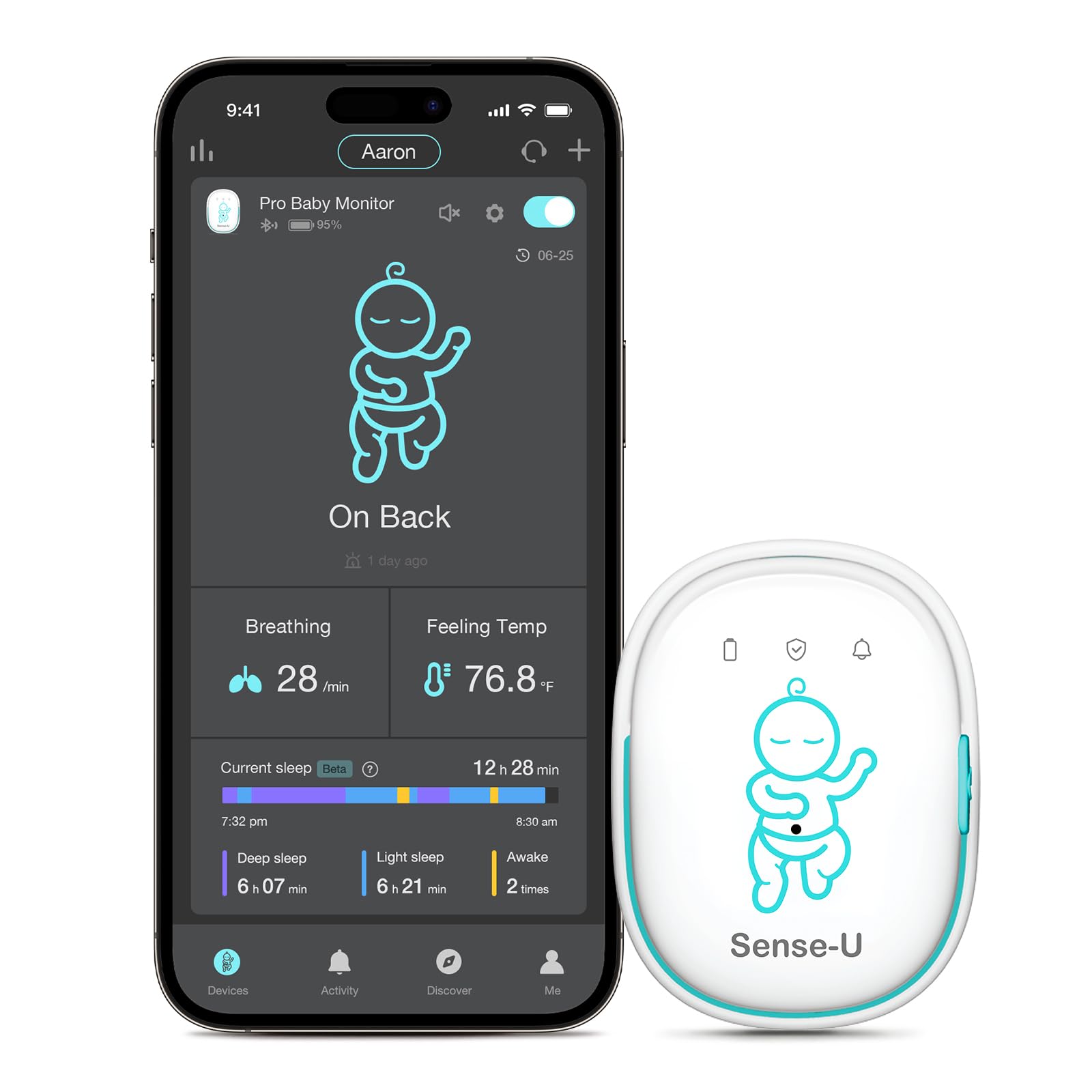 Sense-U Pro clipped to diaper for early sleep comfort alerts.