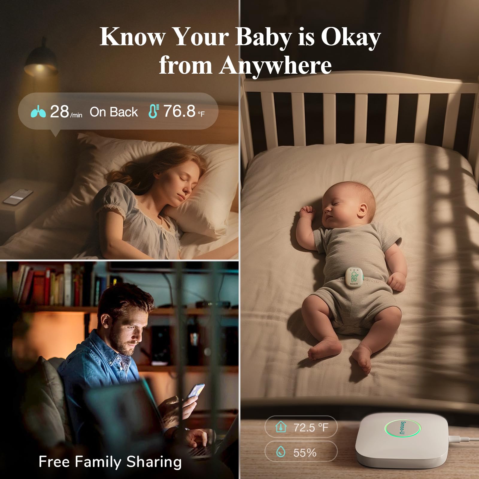 Sense-U Pro breathing tracking view on screen supports nap-time monitoring.