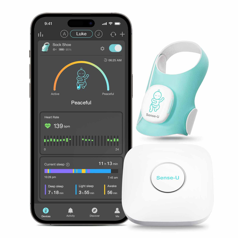 Sense-U smart sock shoe monitor demonstrates heart rate monitoring during sleep for mindful babysitting.