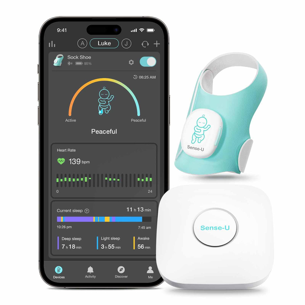Sense-U smart sock shoe monitor demonstrates heart rate monitoring during sleep for mindful babysitting.