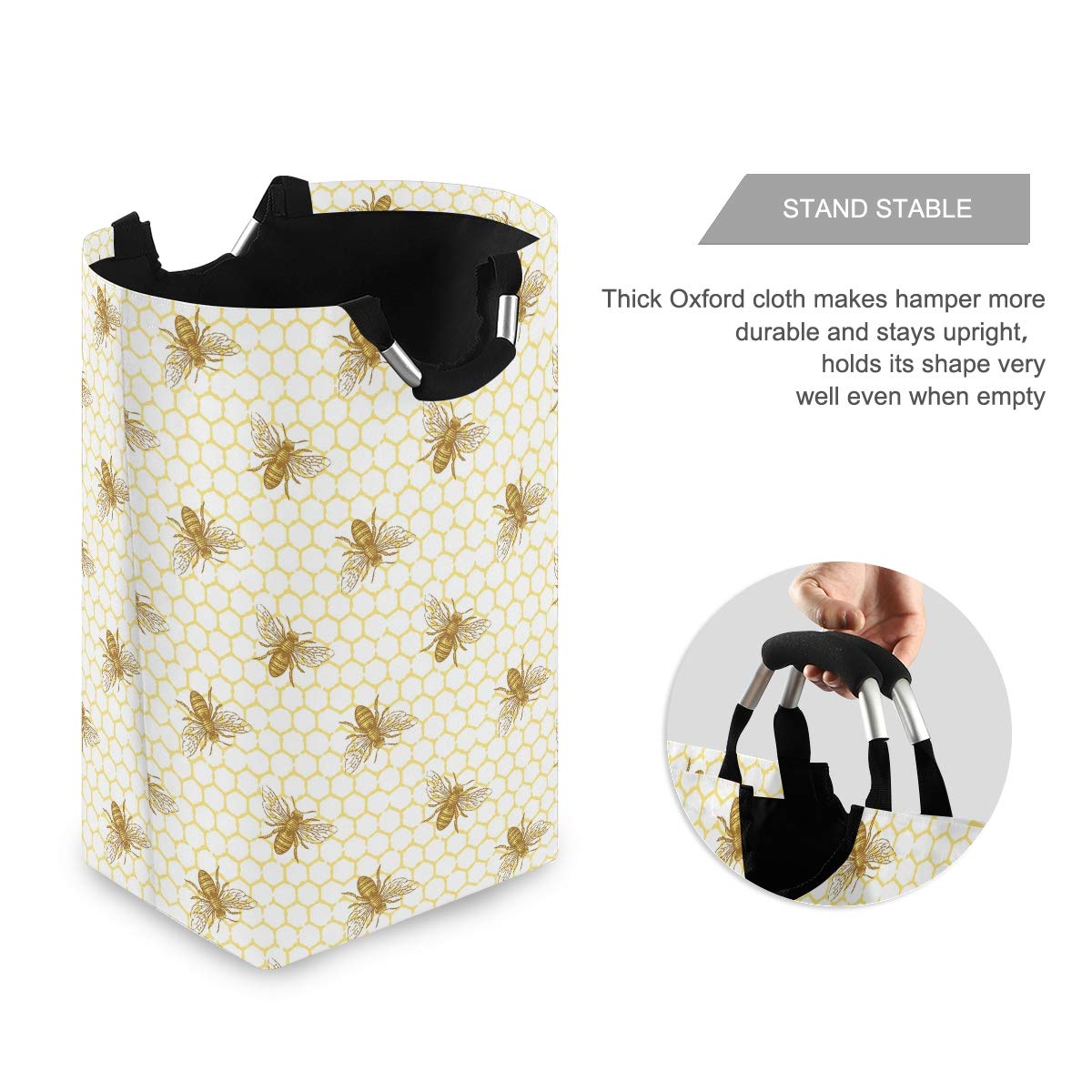 Senya Bee and Honeycomb Basket collapsible design demonstrated for space-saving organization.
