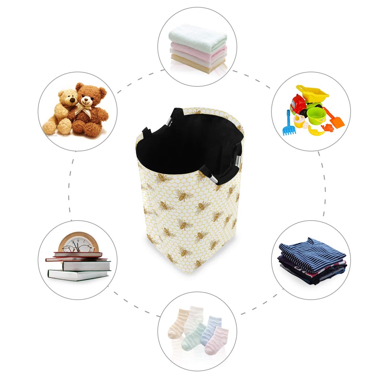 Senya Bee and Honeycomb Basket laundry hamper keeps dirty clothes neatly contained.