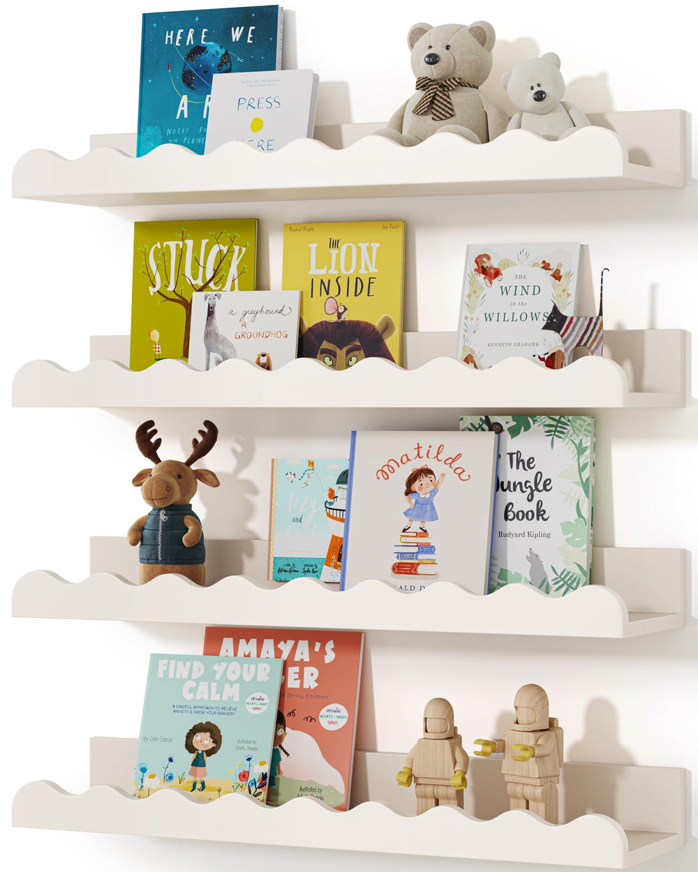 Seocry Kids Bookshelf Set four white floating shelves for wall storage and display.