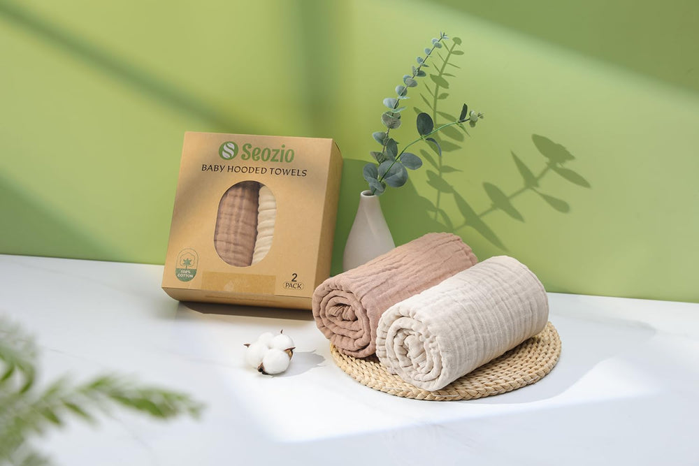 Seozio Muslin Hooded Baby Towels color-palette highlights stylish hues for nursery styling.