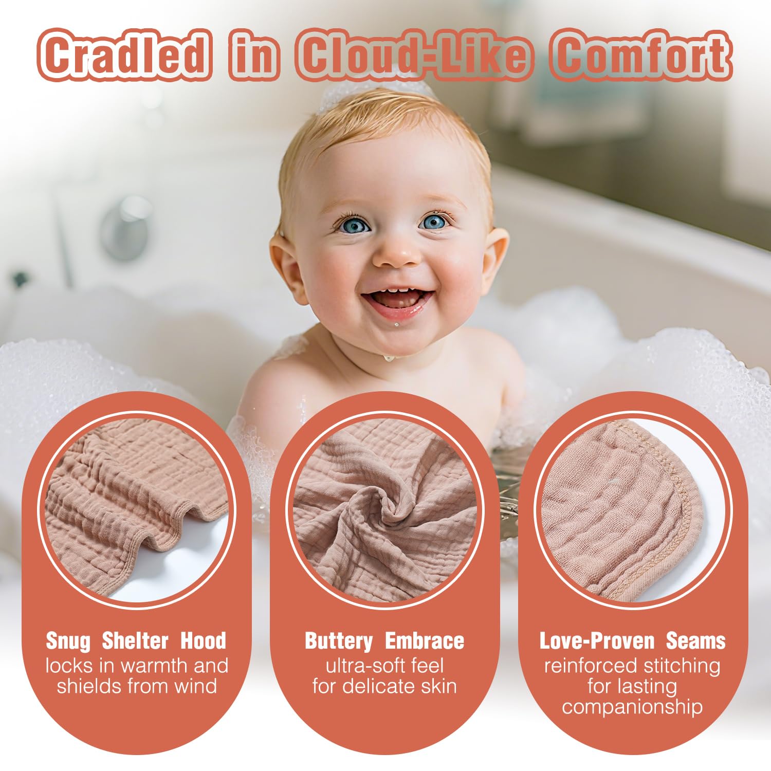 Seozio Muslin Hooded Baby Towels multi-use-blanket shows towel doubling as blanket for naps.