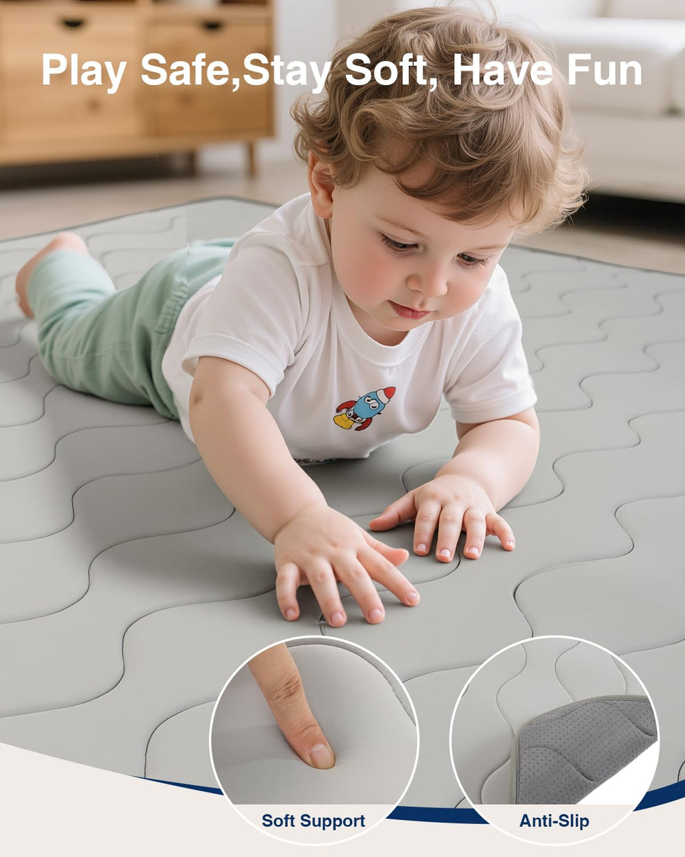 SEPARO foam-core mat provides gentle support for rolling and playtime.