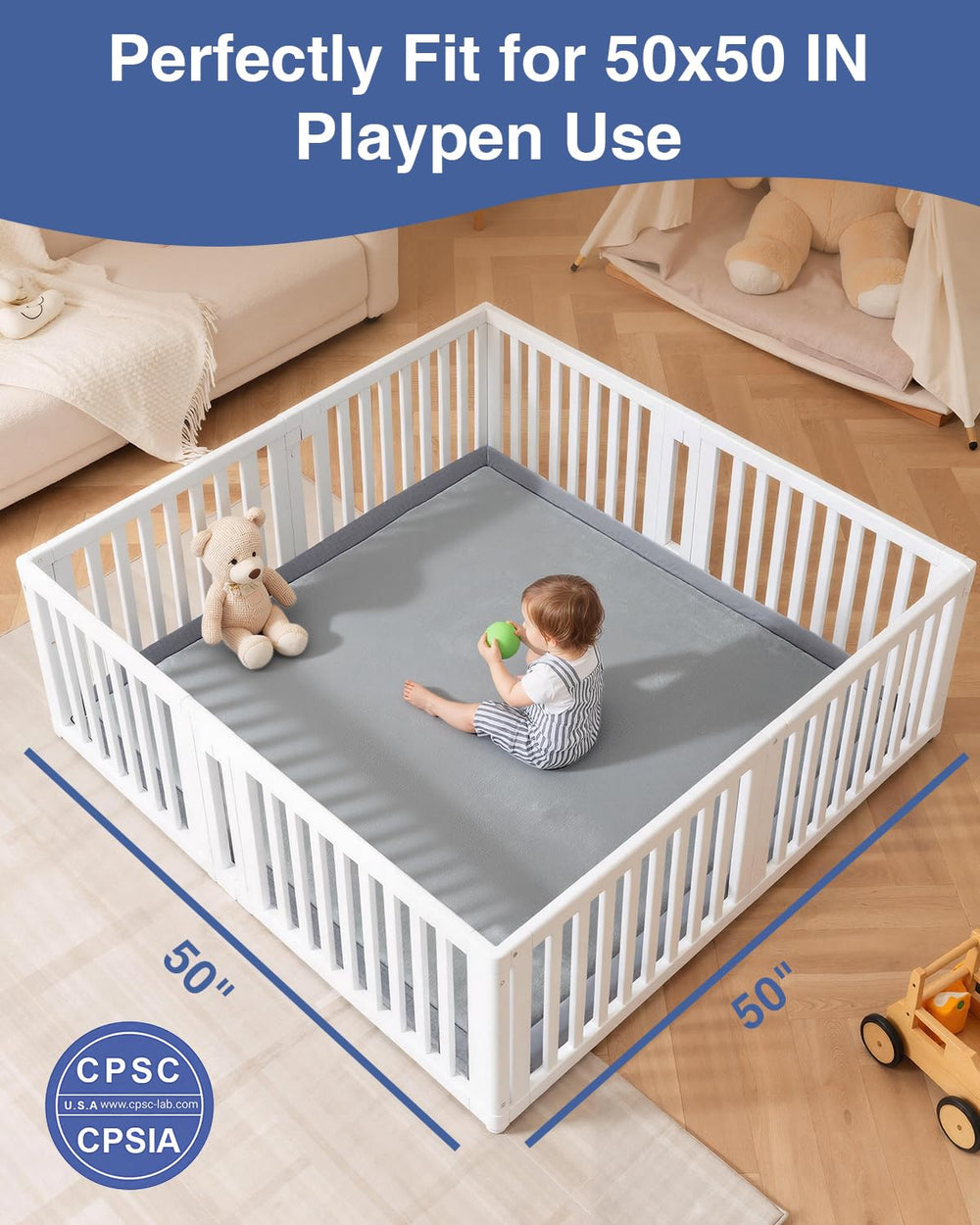 SEPARO non-slip base keeps 50x50 play mat steady on hard floors.