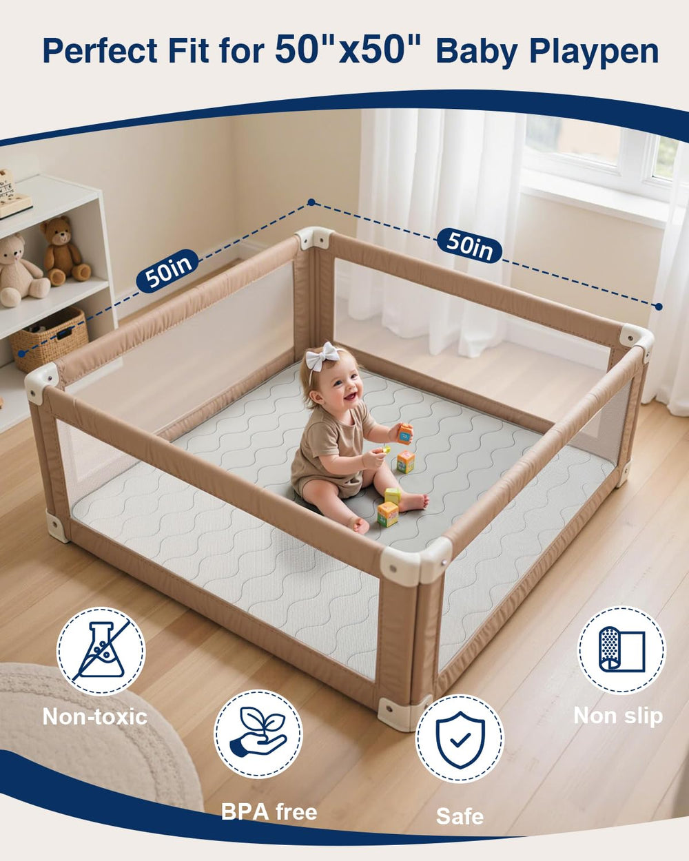 SEPARO play mat shows non-slip bottom securing it to hardwood floors.