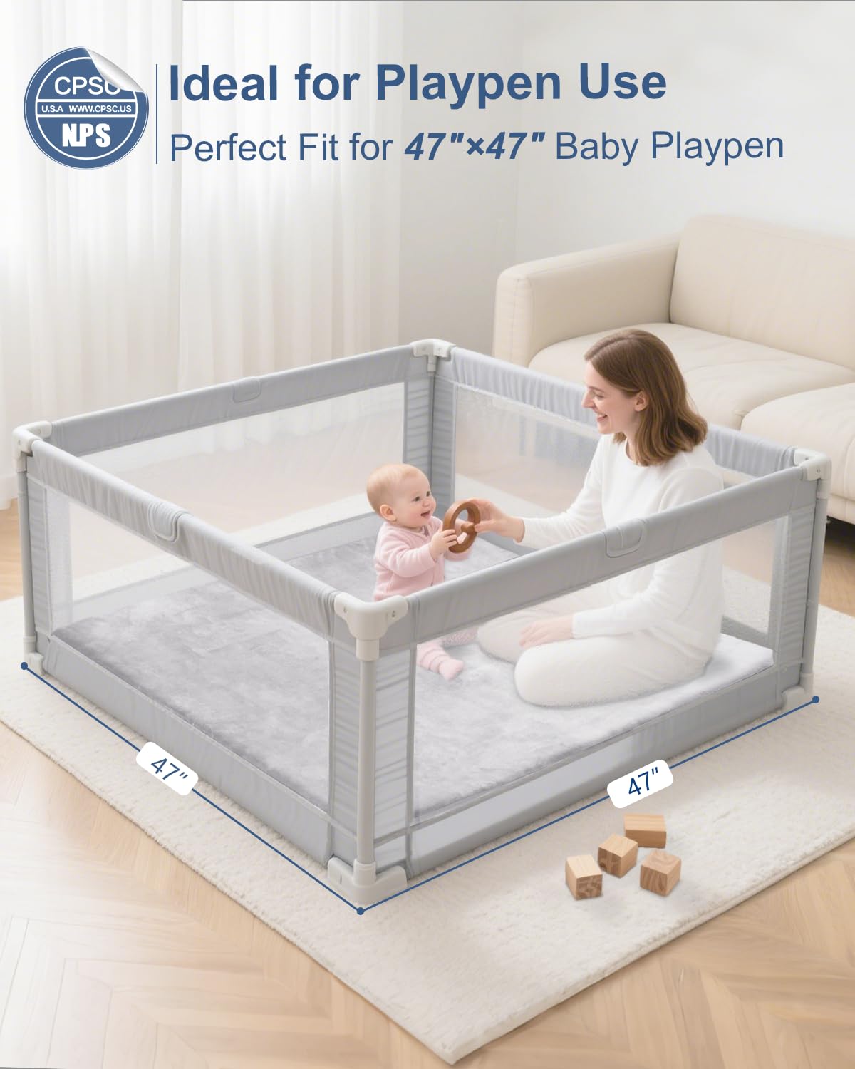 SEPARO 47x47 playmat fits standard playpens for spacious, safe exploration.