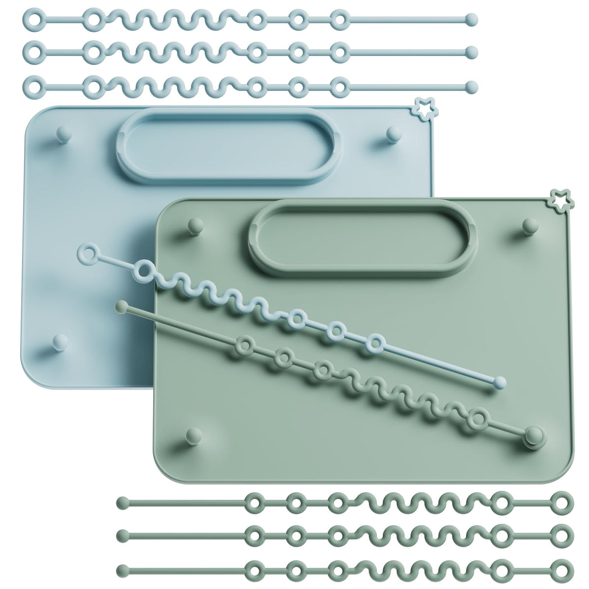 Seposeve baby placemat 2-pack in green blue keeps toys off the floor during meals.