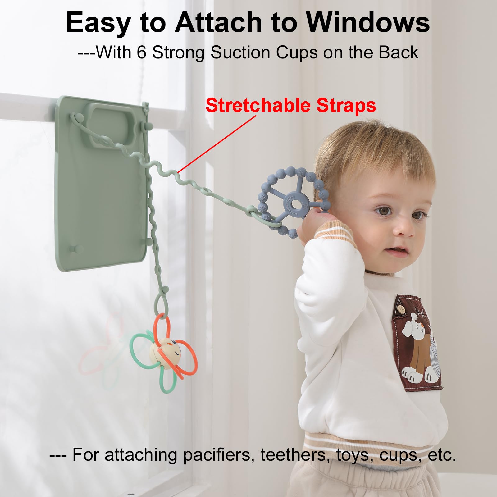 Seposeve placemat with 8 stretchable straps secures pacifiers and toys within reach.