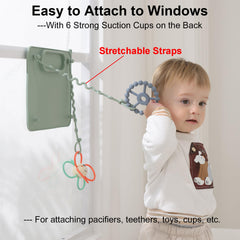 Seposeve placemat with 8 stretchable straps secures pacifiers and toys within reach.