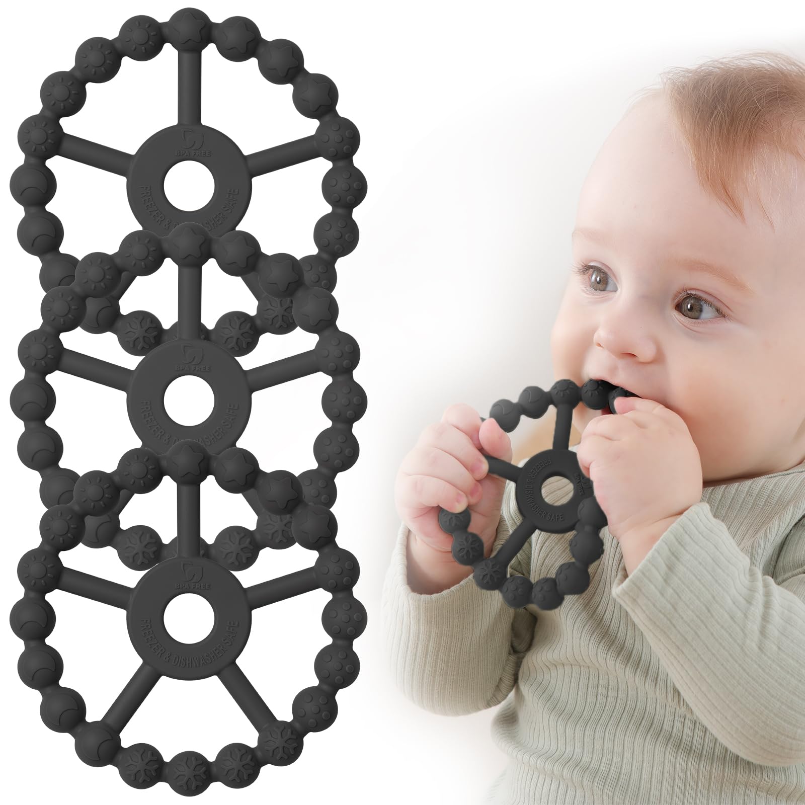 Seposeve ring teether 3-pack set with five textures for soothing baby gums